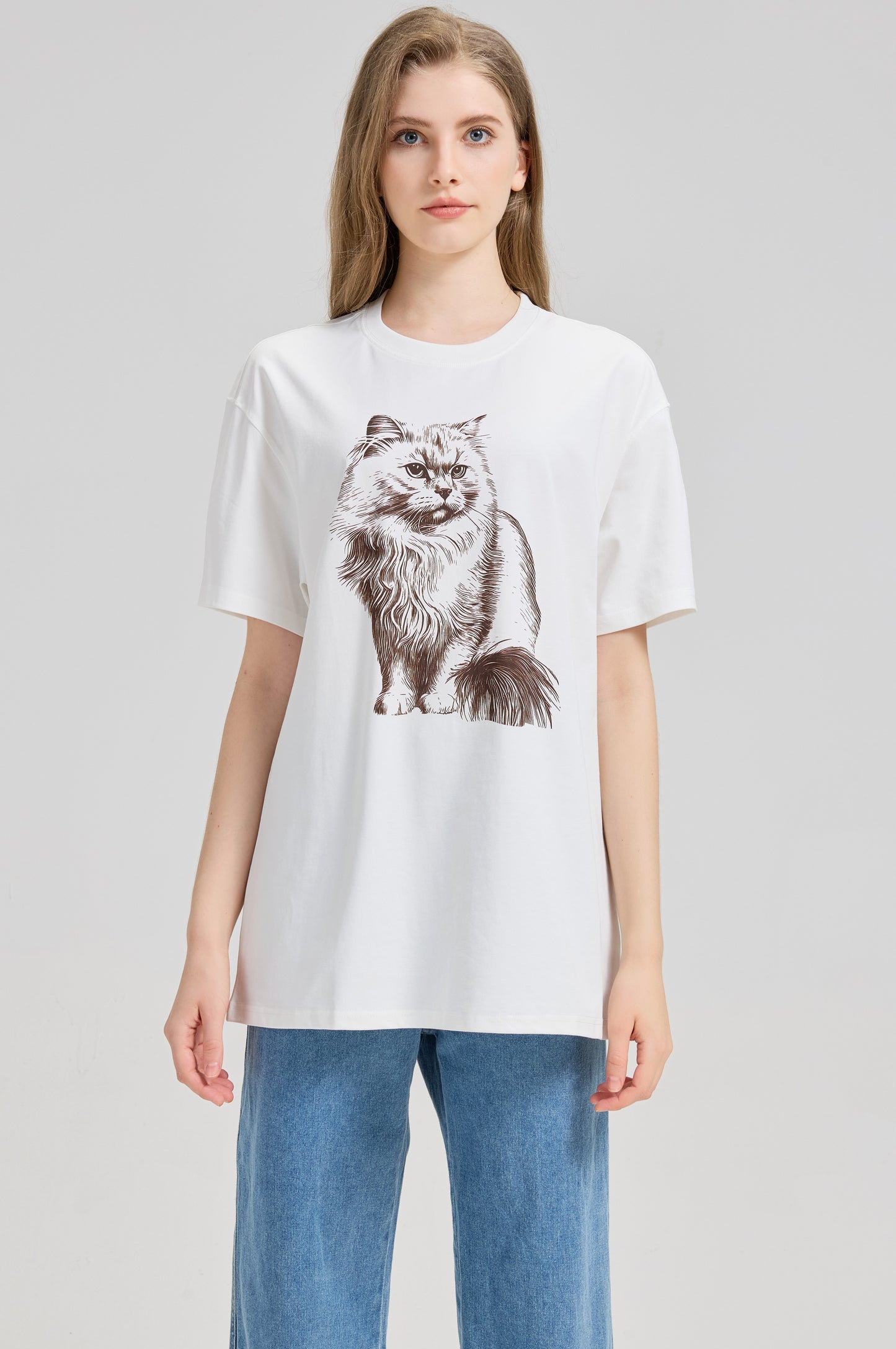 Mitty Women “Fluffy Cat” Graphic Tee Cozy meets character