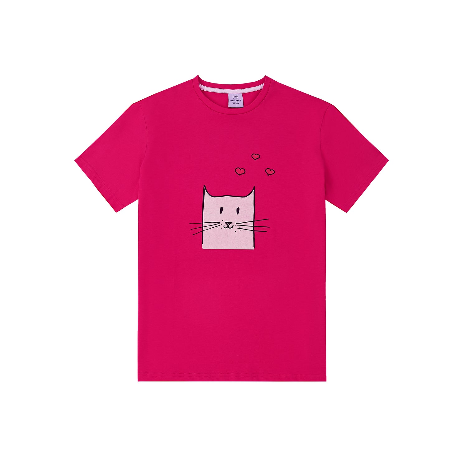 Pink t-shirt with a cat illustration on a white background