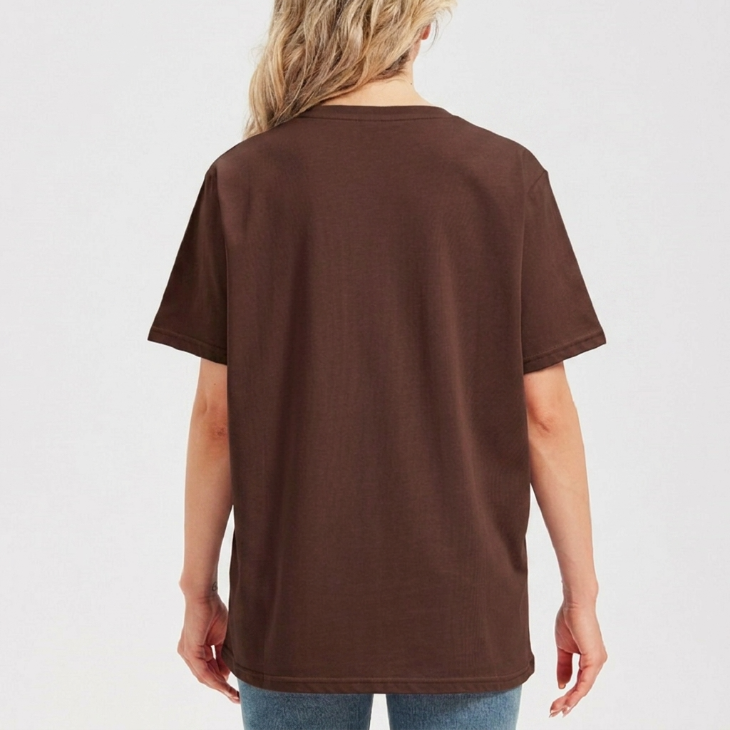 Person wearing a brown t-shirt on a white background