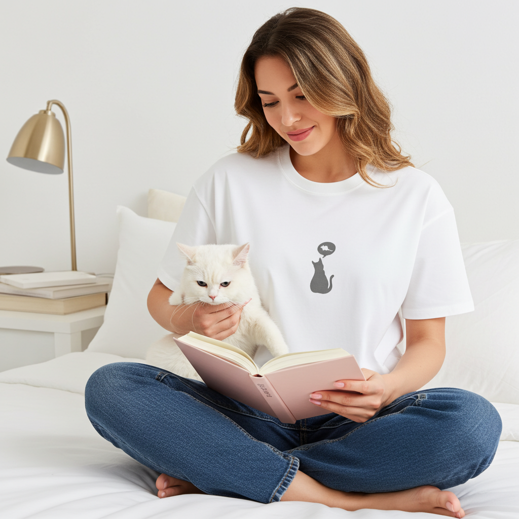 A woman wearing a white graphic t shirt with a small printing of a cat and a dreaming bubble.