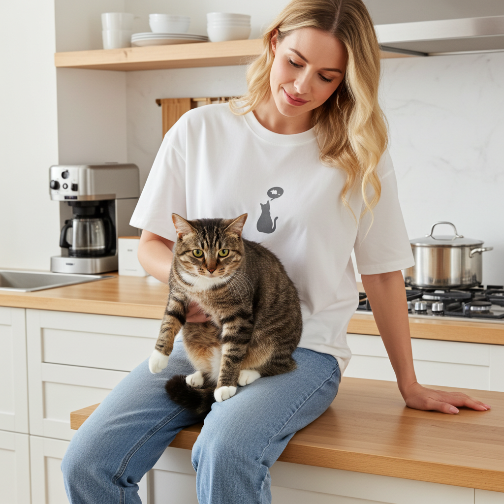 A woman wearing a white loose fit graphic tee with a small print of a cat and a thought bubble.