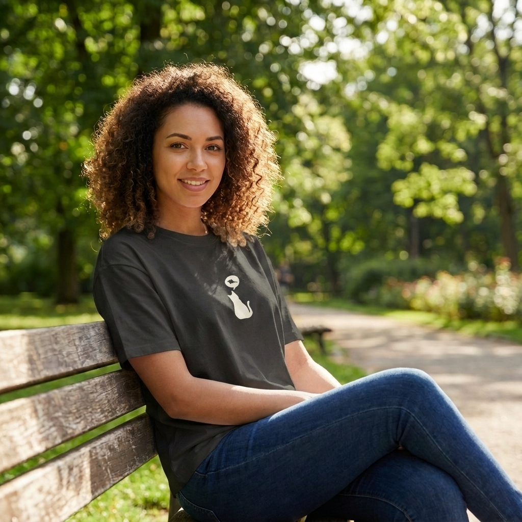 Woman wearing a black tee with a white cat design on sitting on a bench in a park with trees in the background