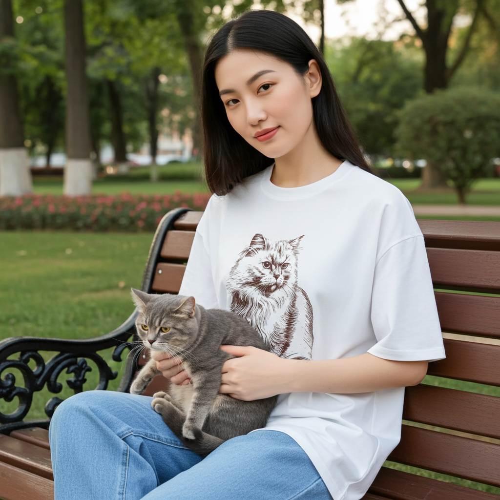 Woman sitting on a park bench holding a cat, wearing a white t-shirt with a cat graphic.