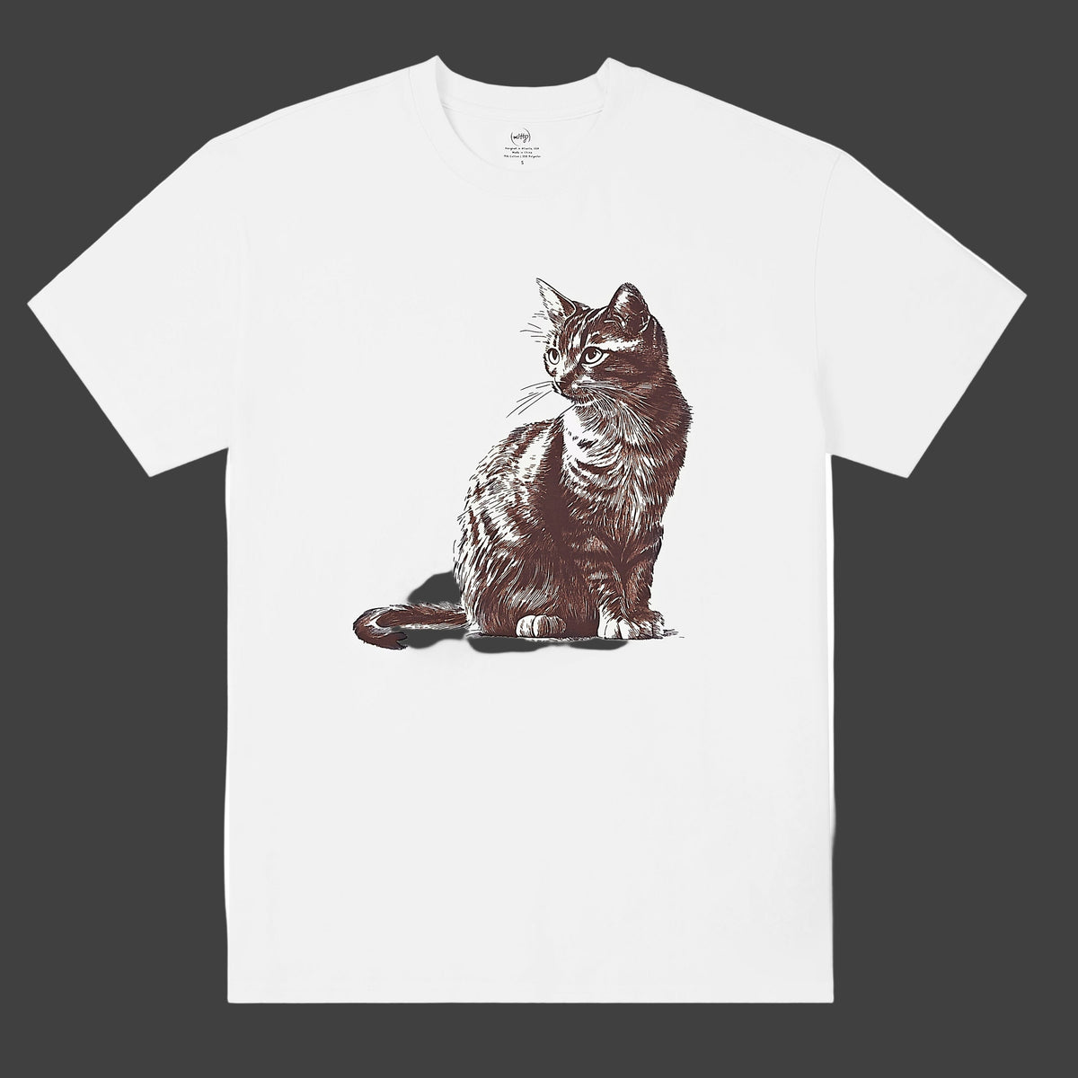 A white crew neck t-shirt with a vintage-inspired sketch of a tabby cat in a seated position on the front.