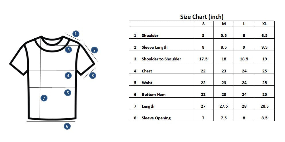 Size chart with measurement in inch