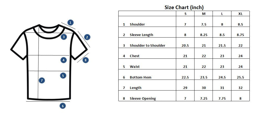 Size chart for a t-shirt with measurements in inches