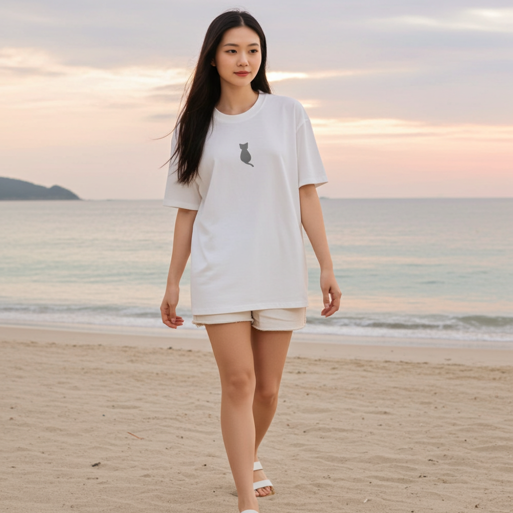 Woman walking on the beach wearing a white graphic tee with a small cat print