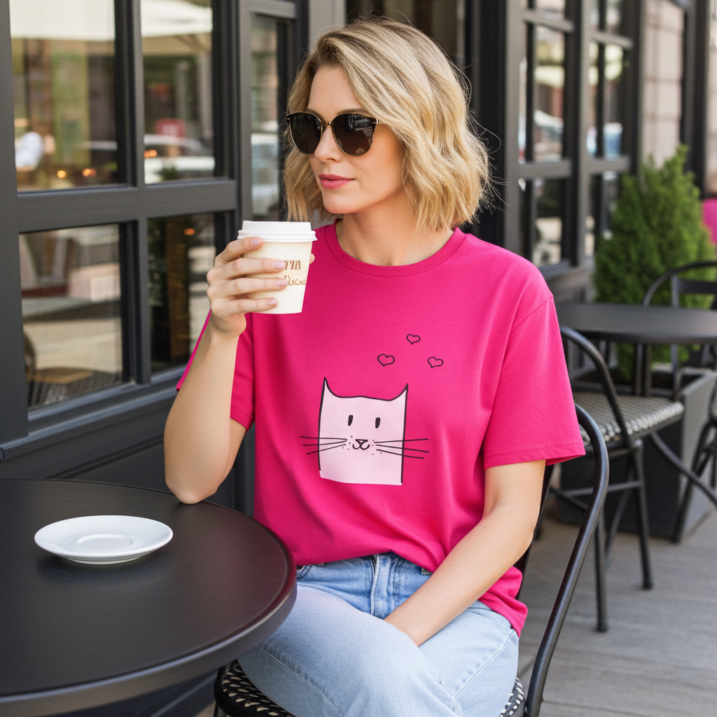 Woman in a pink t-shirt with a cat design, holding a coffee cup outdoors.
