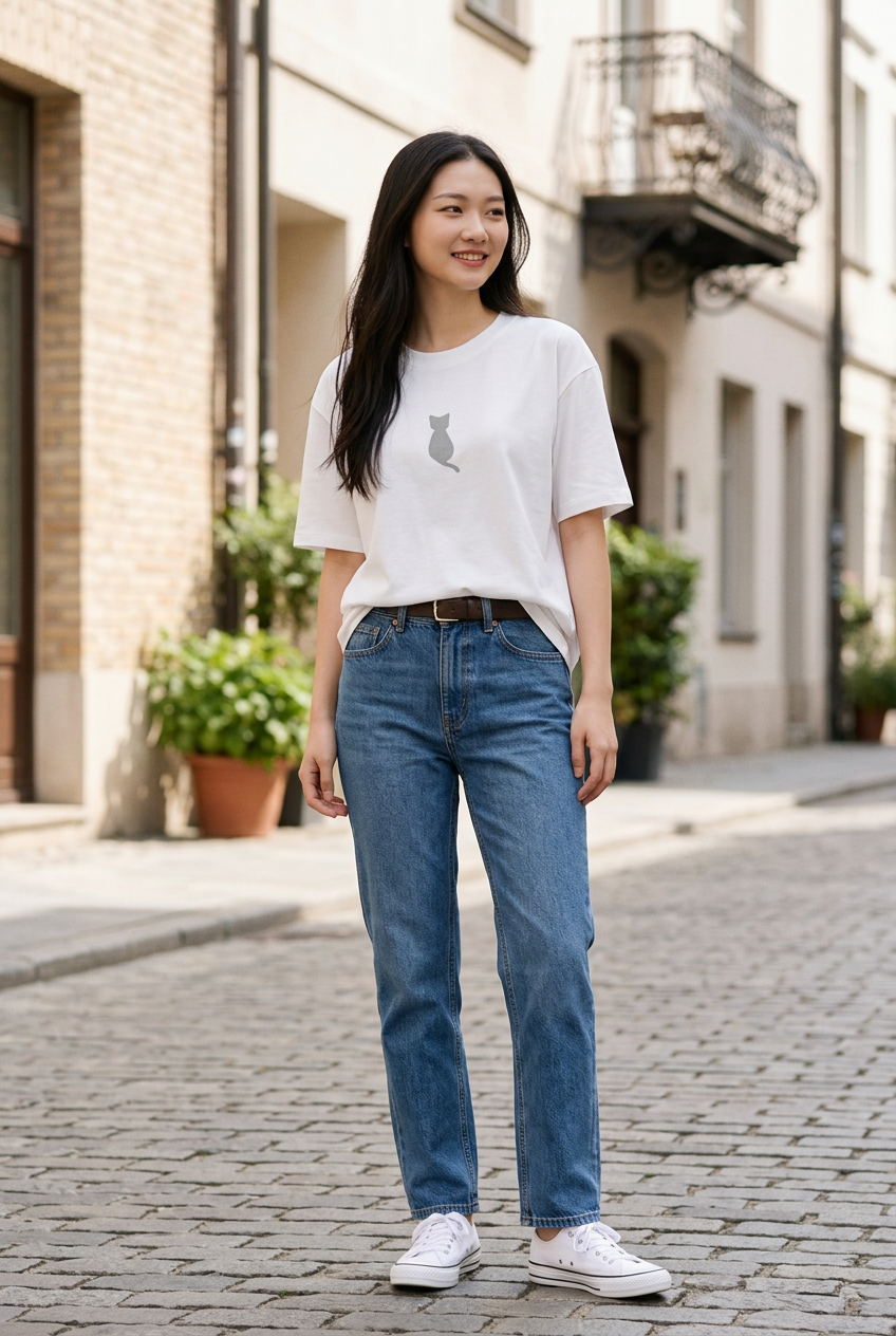 White cat tee half-tucked into straight jeans