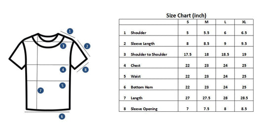Mitty Mau cat graphic tee size chart in inches