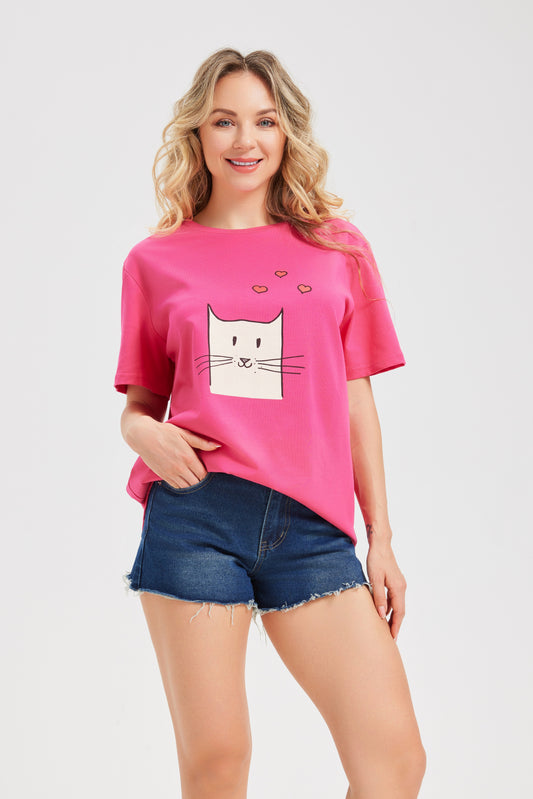 Mitty Women "Cartoon Cat" Graphic Tee Deep Pink