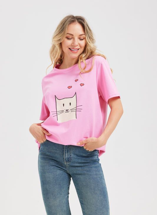 Mitty Women "Cartoon Cat" Graphic Tee Pink