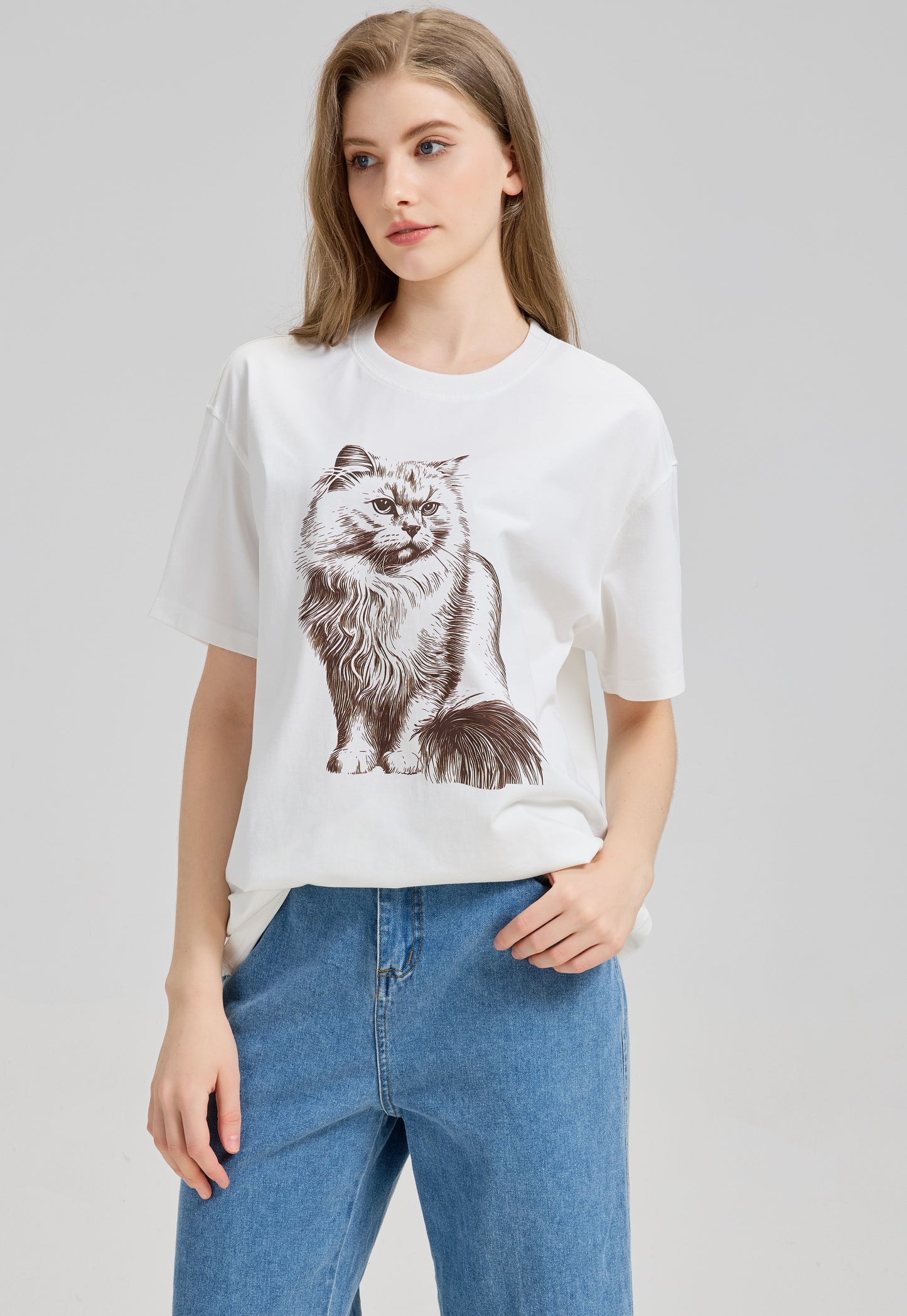 Mitty Women “Fluffy Cat” Graphic Tee Cozy meets character