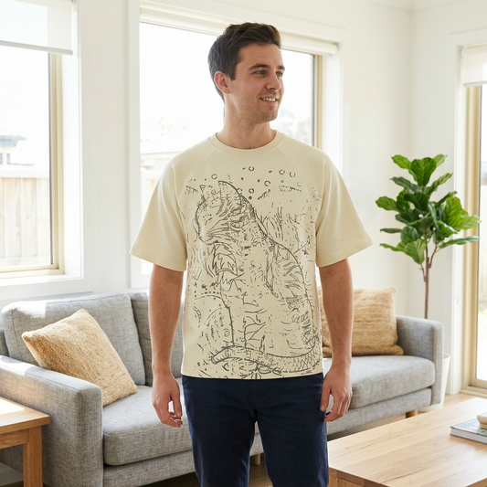 Man wearing a beige t-shirt with a cat graphic design in a living room.