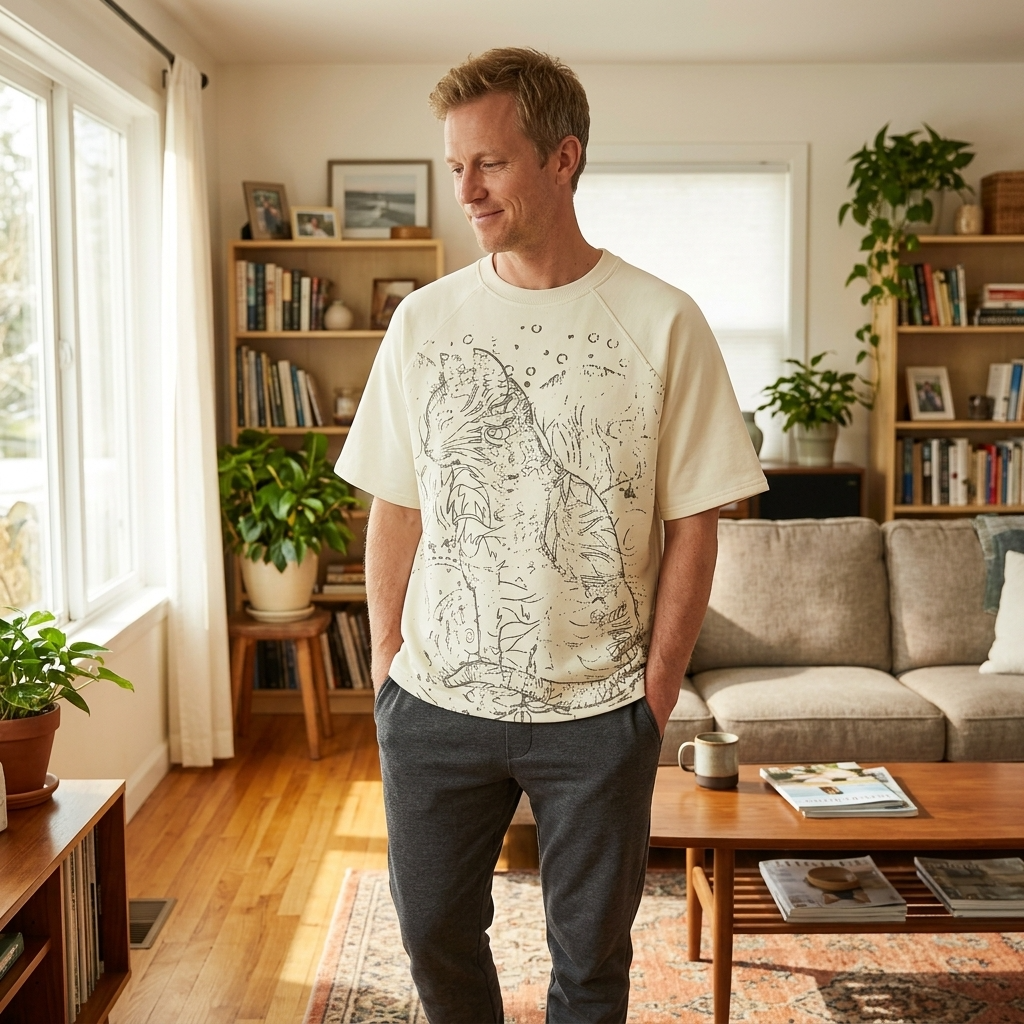 Man standing in a living room wearing a graphic t-shirt with a cat design