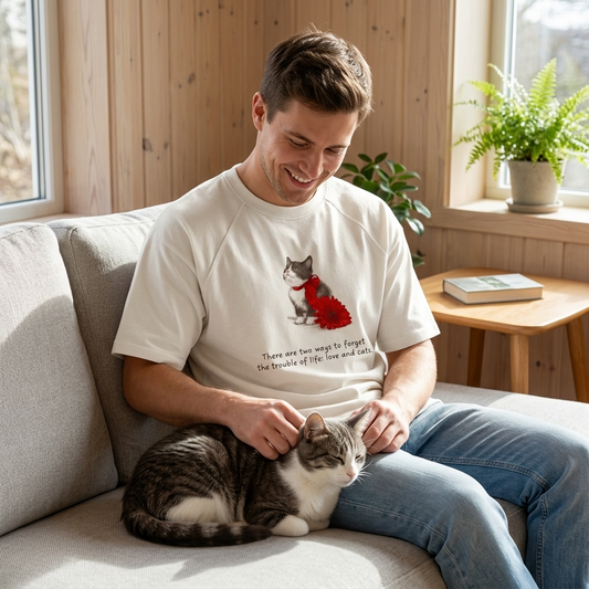 Man wearing a cat graphic tee sitting on a couch playing with a cat.