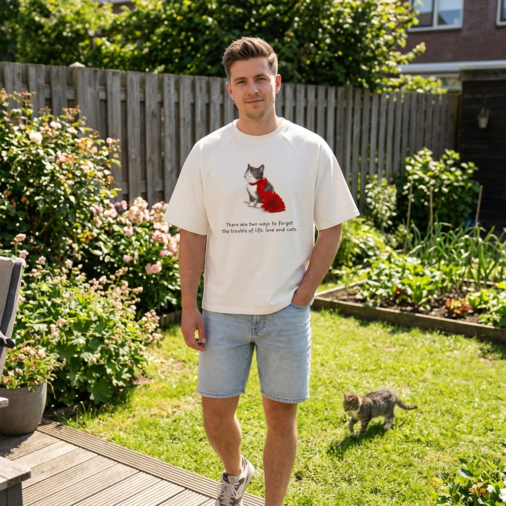 Man wearing a t-shirt with a cat graphic in a garden