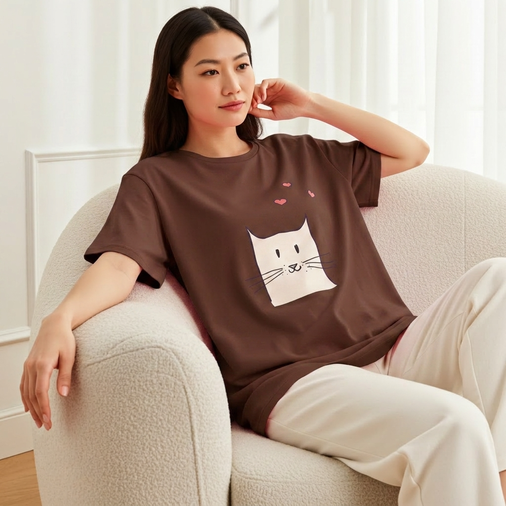 Woman wearing a brown t-shirt with a cat graphic sitting on a beige armchair.