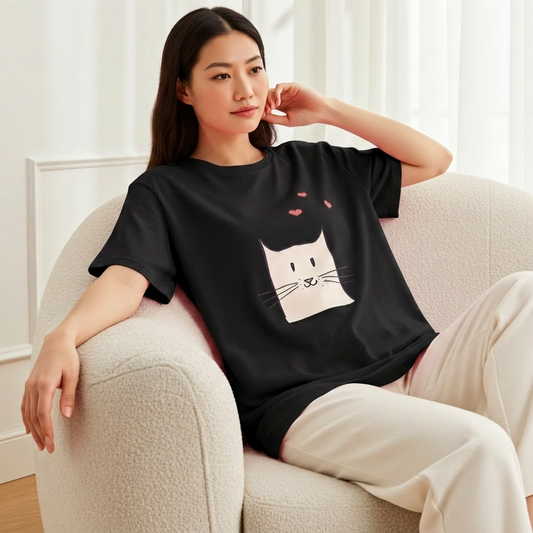 Woman wearing a black t-shirt with a cat graphic sitting on a beige armchair.