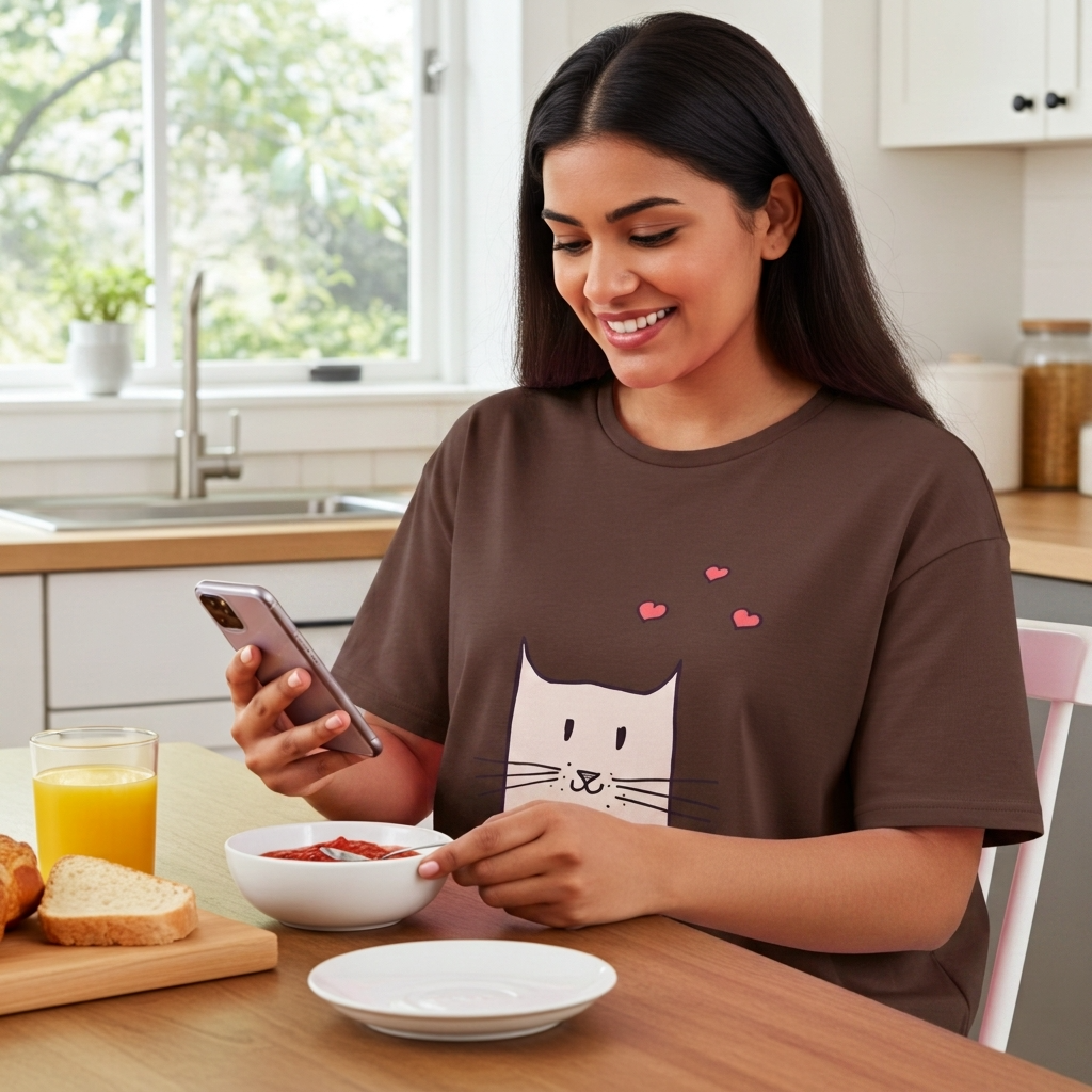 Woman in a kitchen using a smartphone, wearing a brown t-shirt with a cat design.