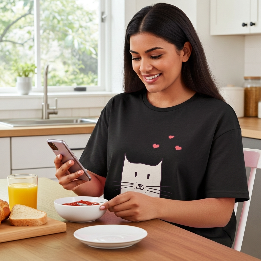 Woman in a kitchen using a smartphone, wearing a black t-shirt with a cat design.