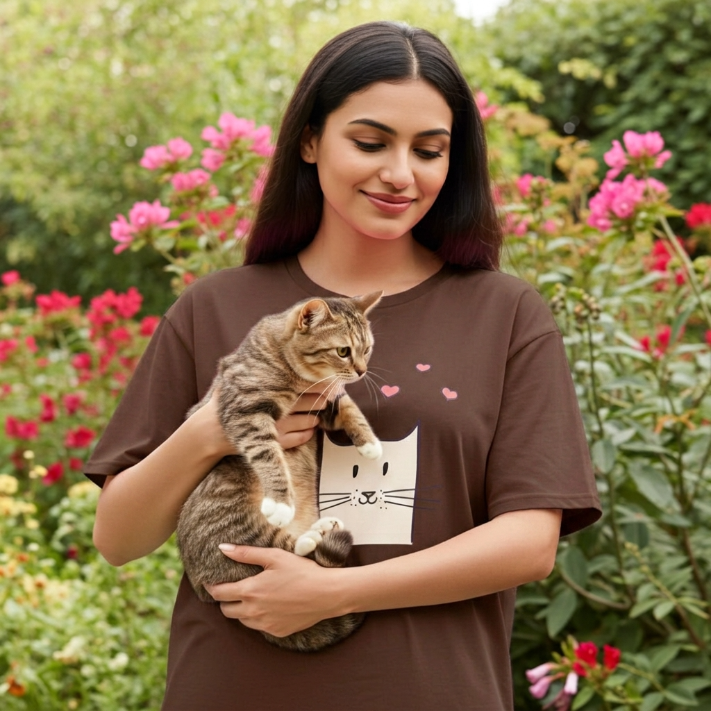Woman holding a cat wearing a brown t-shirt with a cat graphic in a garden setting