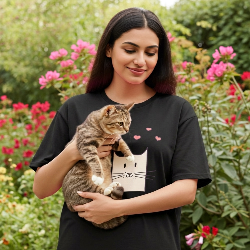 Woman holding a cat wearing a black t-shirt with a cat graphic in a garden setting