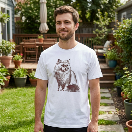 Man wearing a white t-shirt with a cat graphic in a garden setting