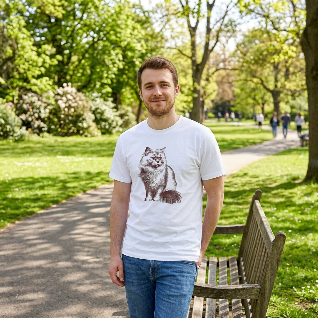 Man wearing a white t-shirt with a fluffy cat design in a park
