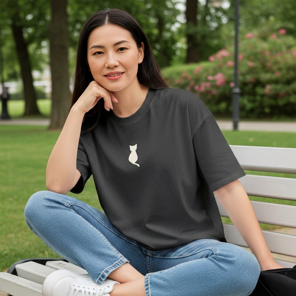 Woman sitting on a bench wearing a black t-shirt with a white cat logo, surrounded by greenery.