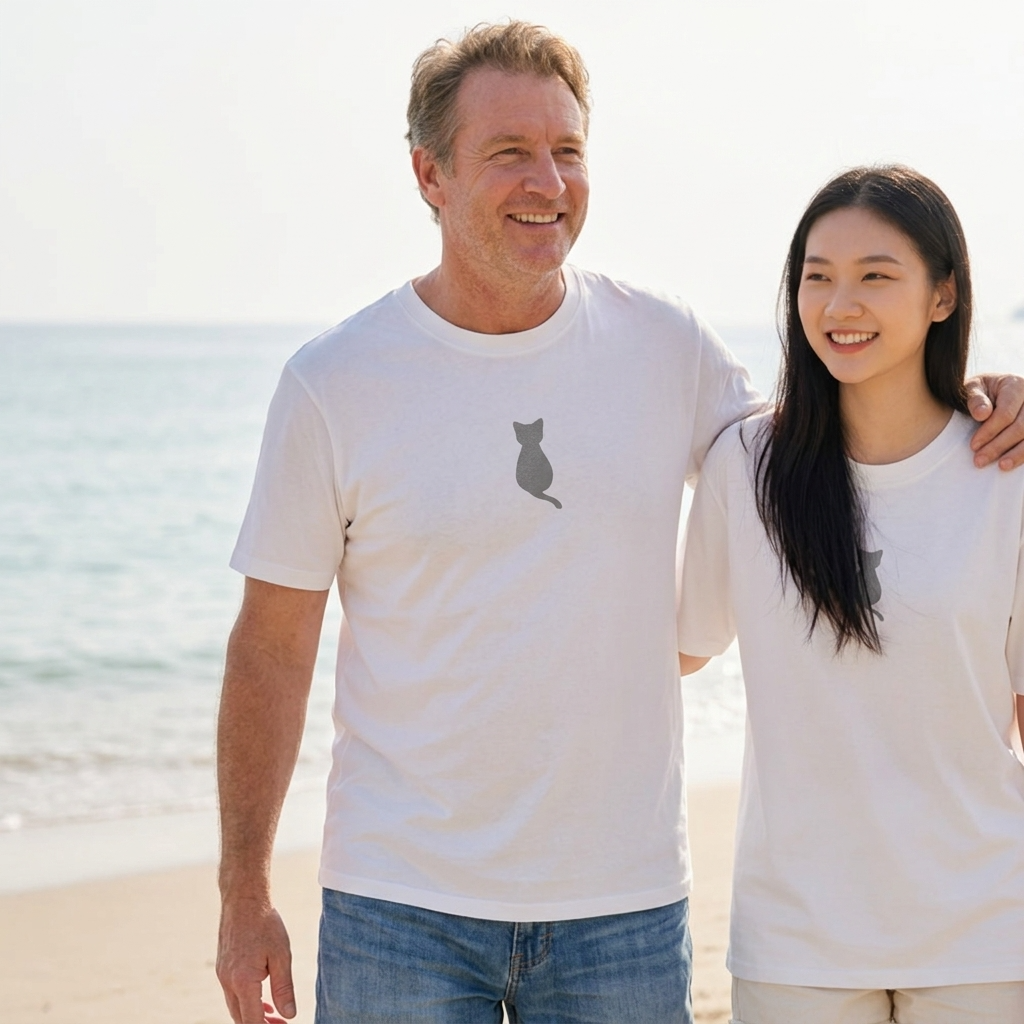 Man and woman standing on a beach wearing matching white t-shirts with a cat design.