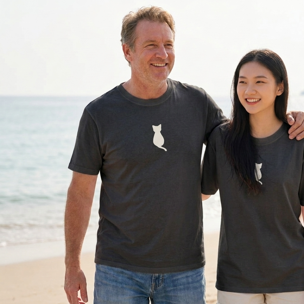 Two people wearing black t-shirts with a white cat logo on a beach.