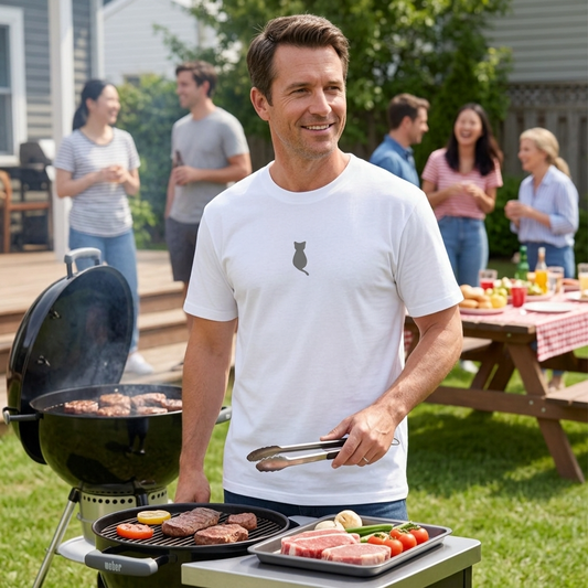 A man wearing a white tee with a small cat print in a BBQ setting.