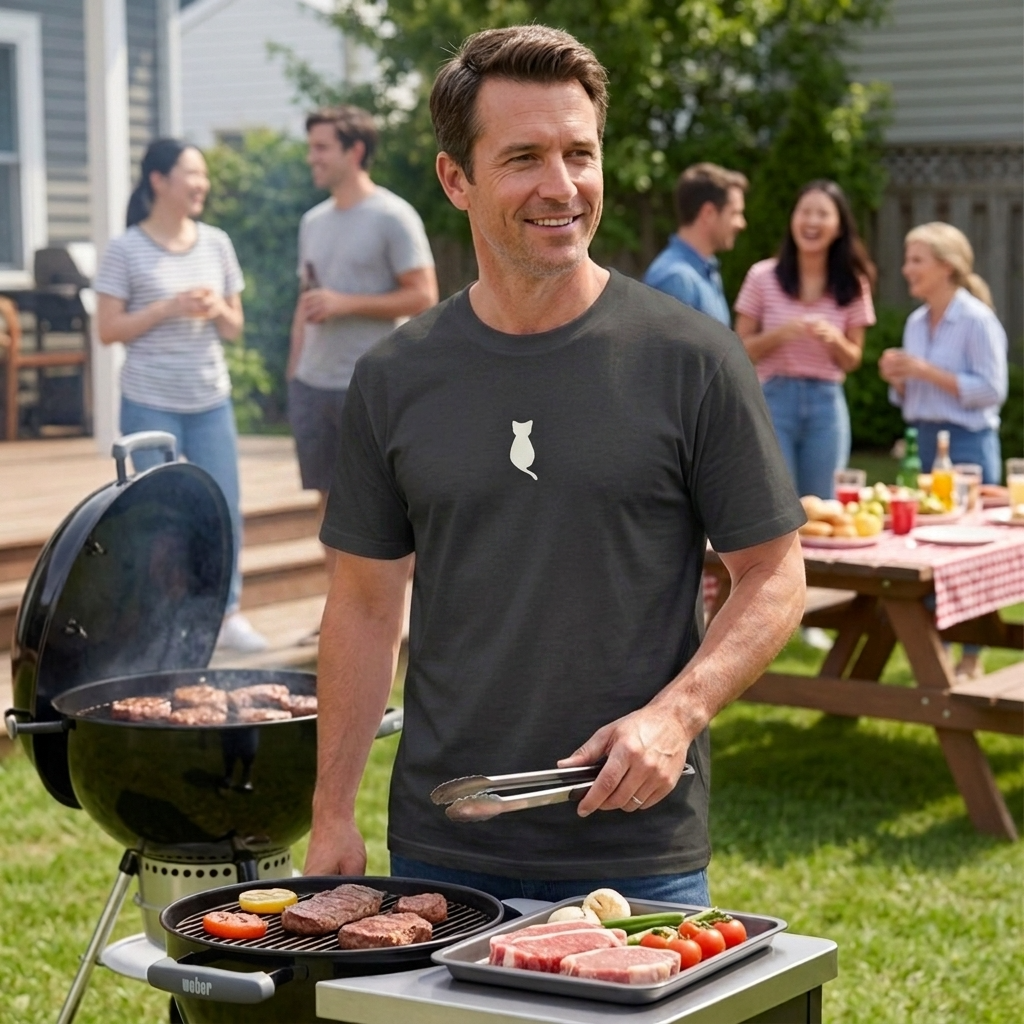 Man wearing a black tee with a cat design grilling outdoors with a group of people in the background 