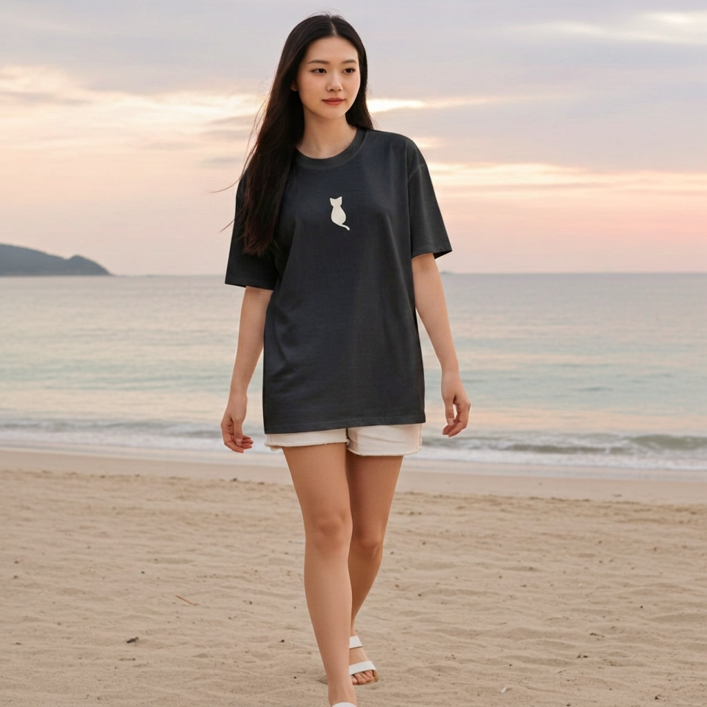 Woman walking on a beach at sunset wearing a black t-shirt with a white cat design.