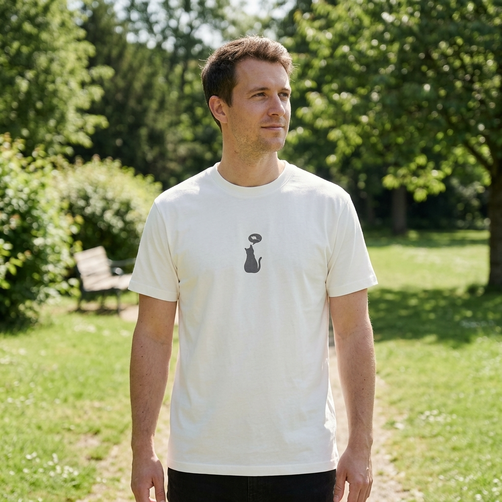 Man wearing a white t-shirt with a small cat design outdoors in a park