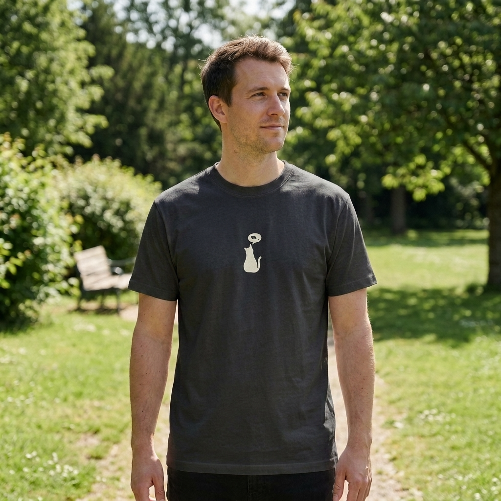 Man wearing a black t-shirt with a white cat graphic in a park