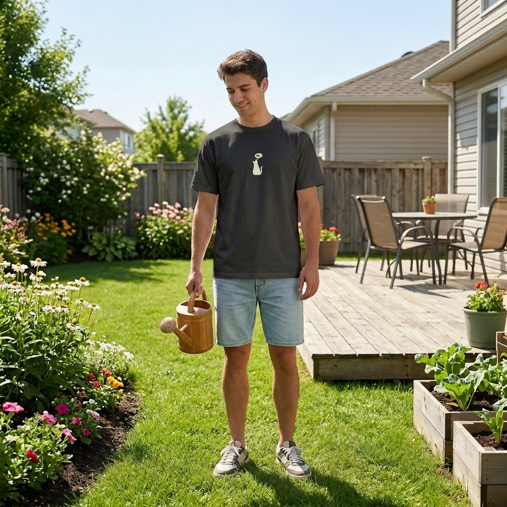 Man wearing a black tee with a white cat design on holding a watering can in a garden