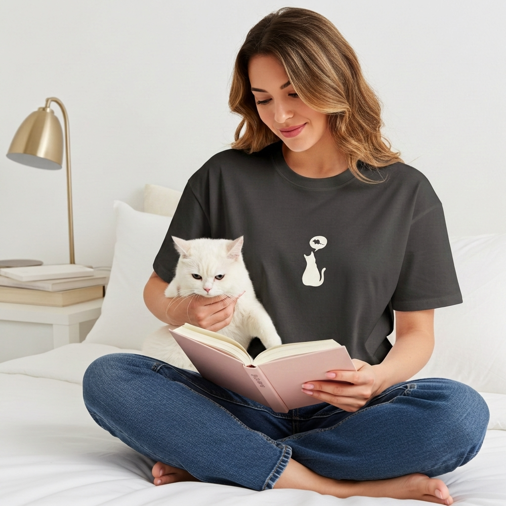 Woman reading a book with a cat design on her black t shirt in a bedroom setting.