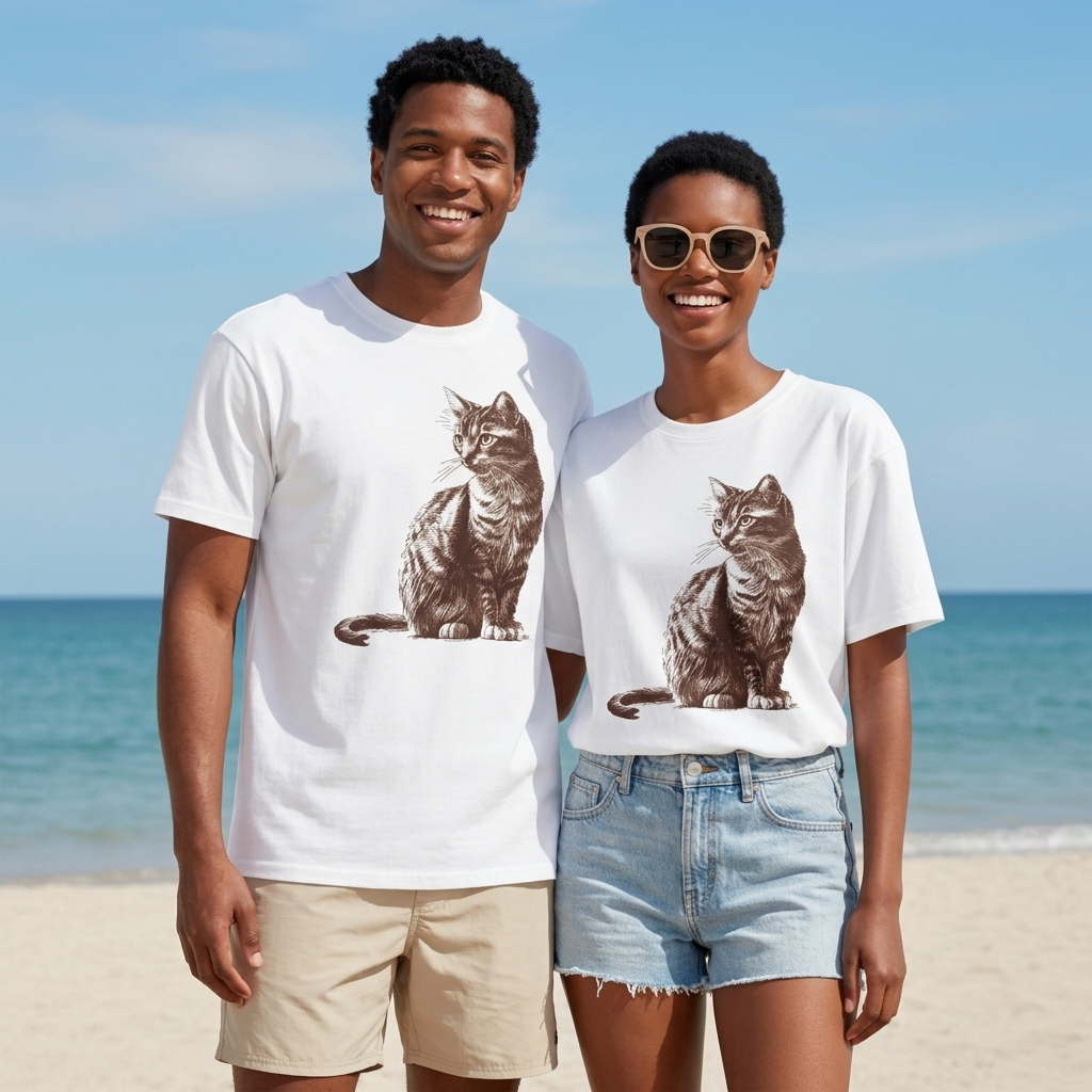 Two people standing on a beach wearing white t-shirts with cat prints.