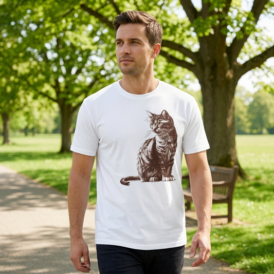 Man wearing a white t-shirt with a cat graphic in a park