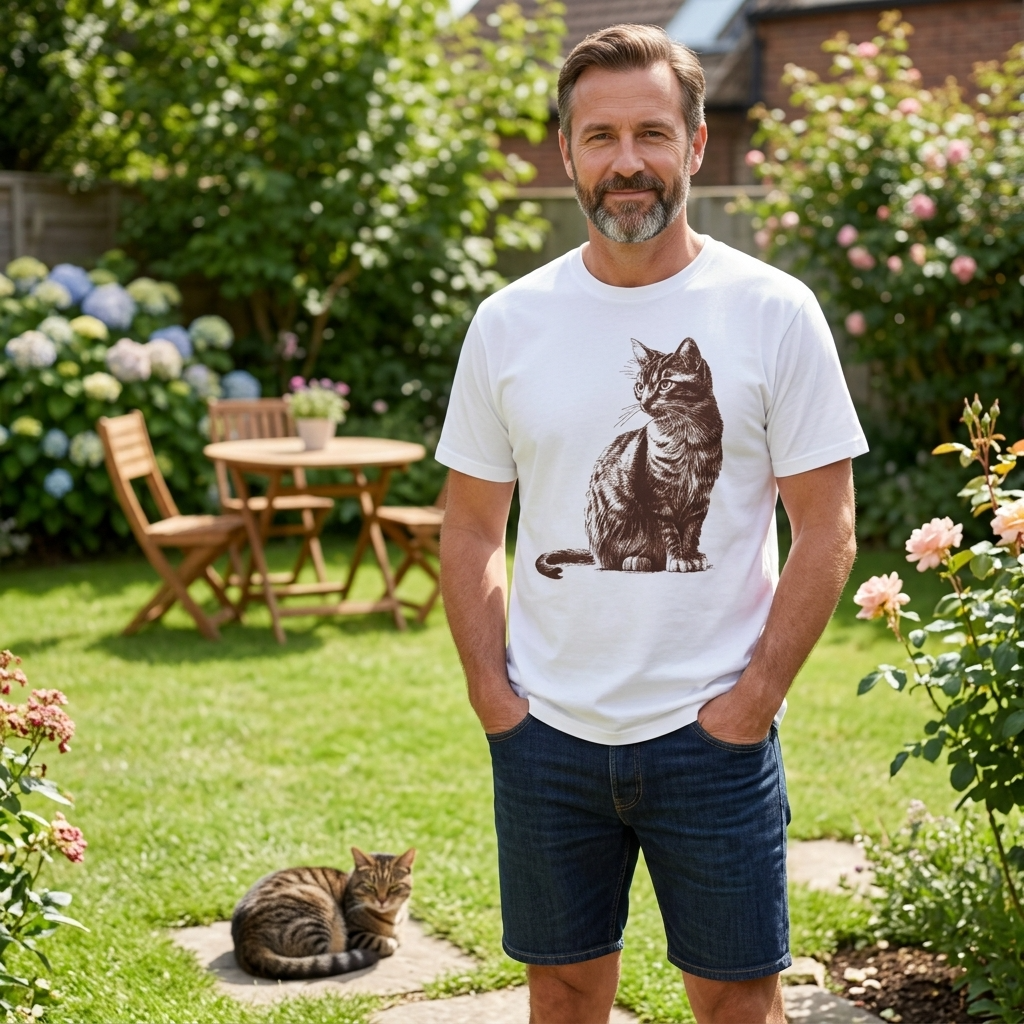 A man wearing a white tee with a tabby cat graphic design standing in a backyard.