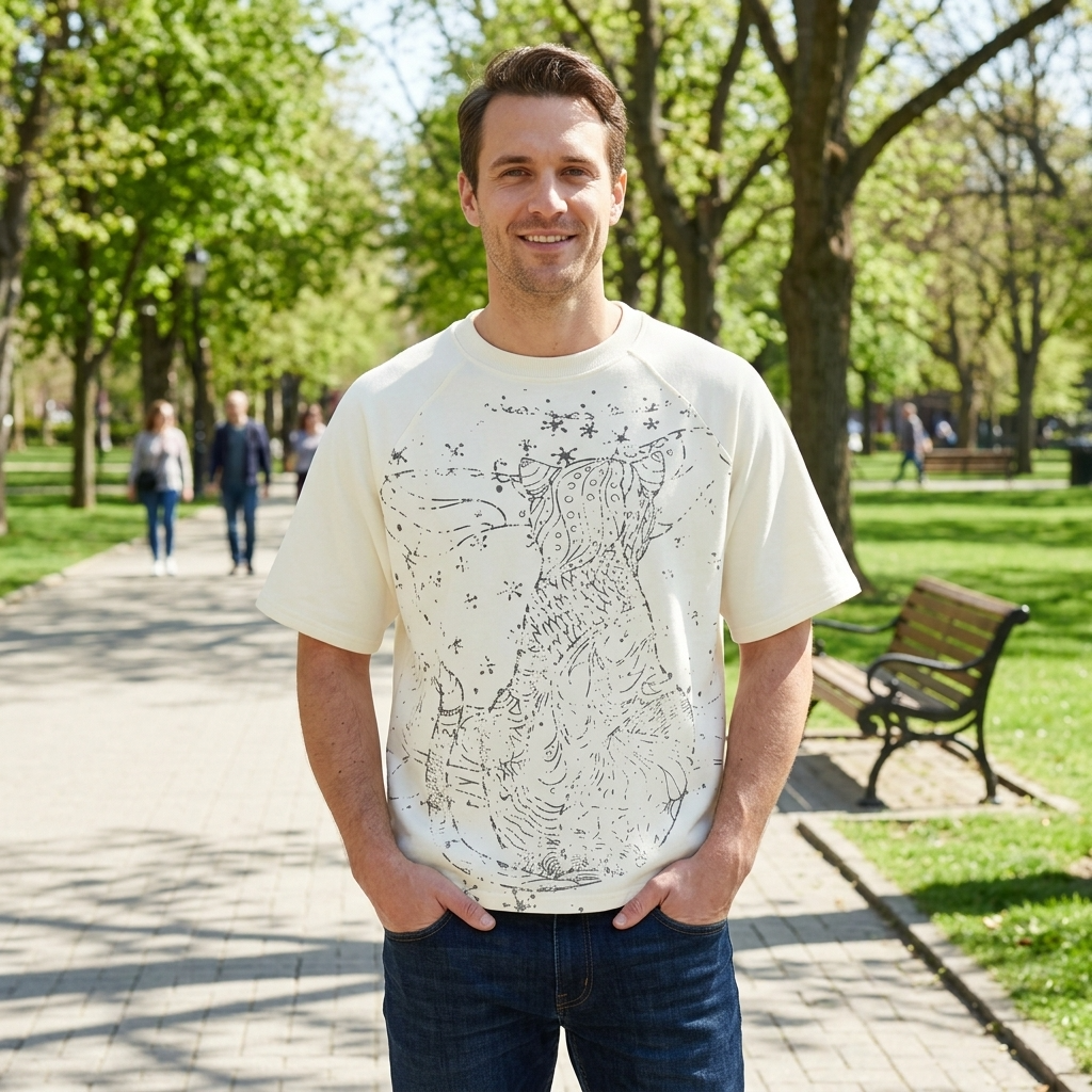 Man wearing a white t-shirt with a cat design in a park