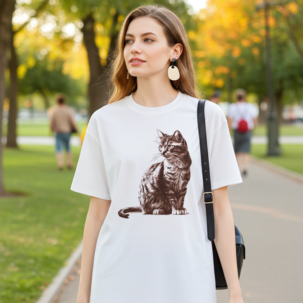 A woman wearing a loose fit white graphic tee and a hand bag walking in a park