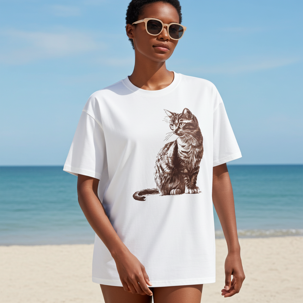 Woman wearing a white t-shirt with a tabby cat graphic on a beach