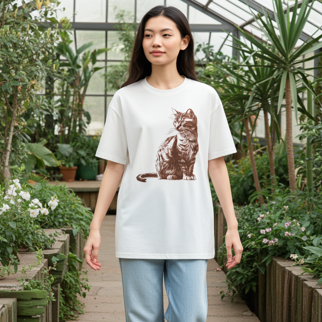 Woman wearing a white t-shirt with a brown cat graphic in a greenhouse setting