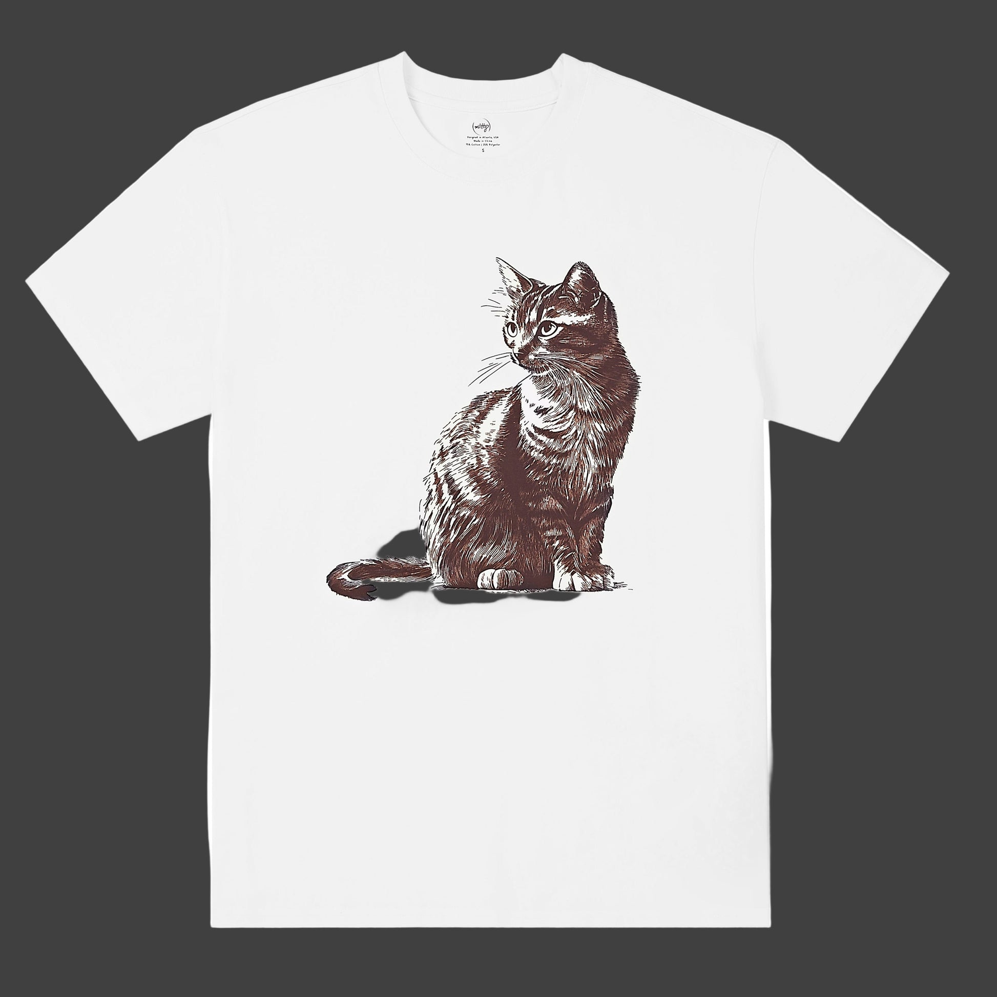 A white crew neck t-shirt with a vintage-inspired sketch of a tabby cat in a seated position on the front.