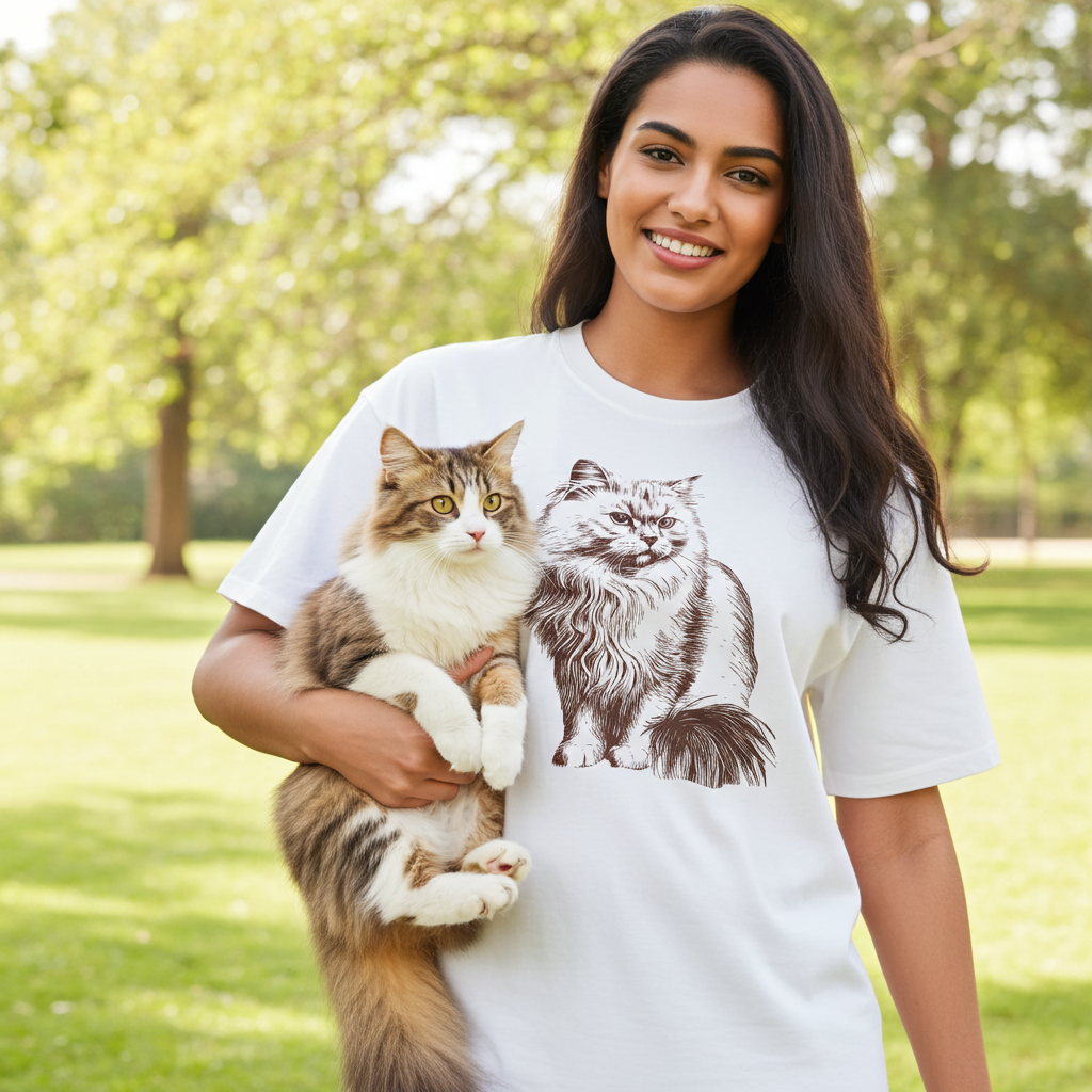 Woman holding a cat wearing a t-shirt with a cat design outdoors