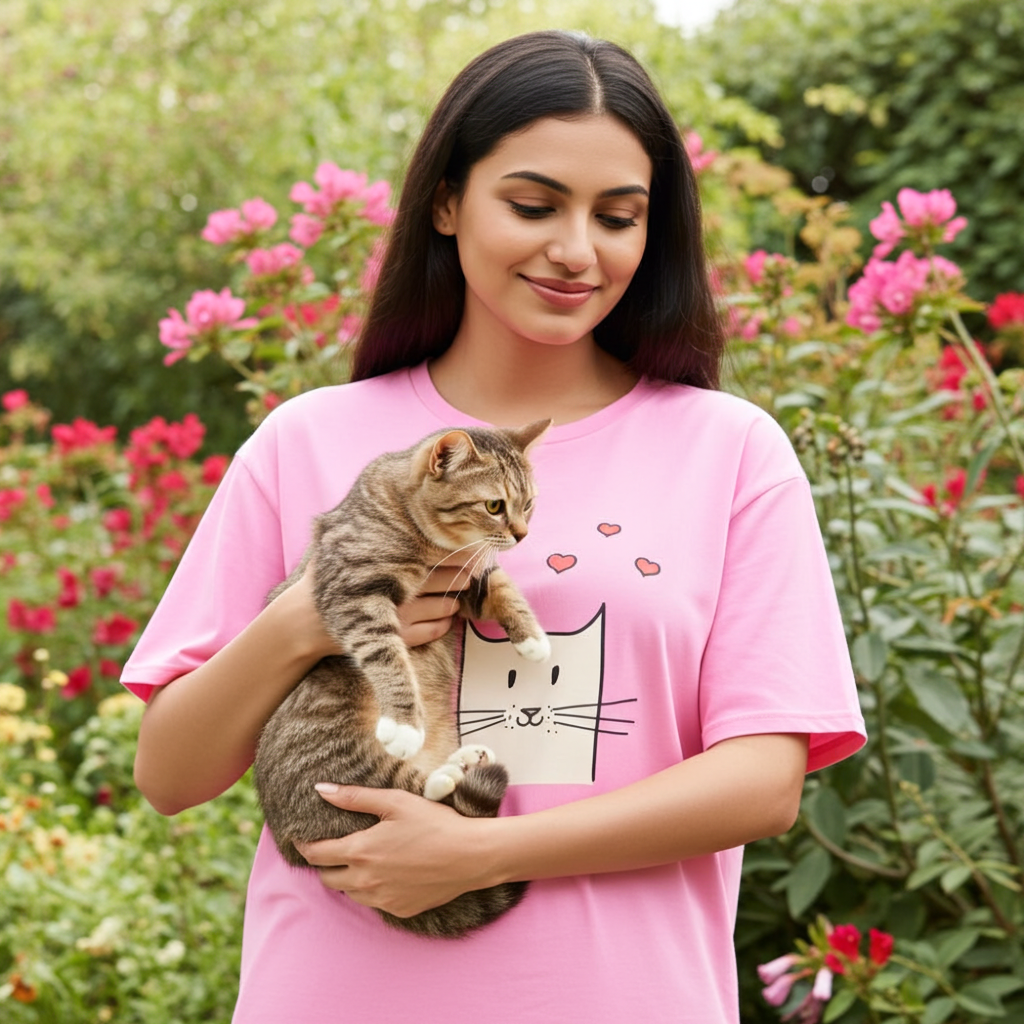 Woman in pink shirt holding a cat with flowers and greenery in the background