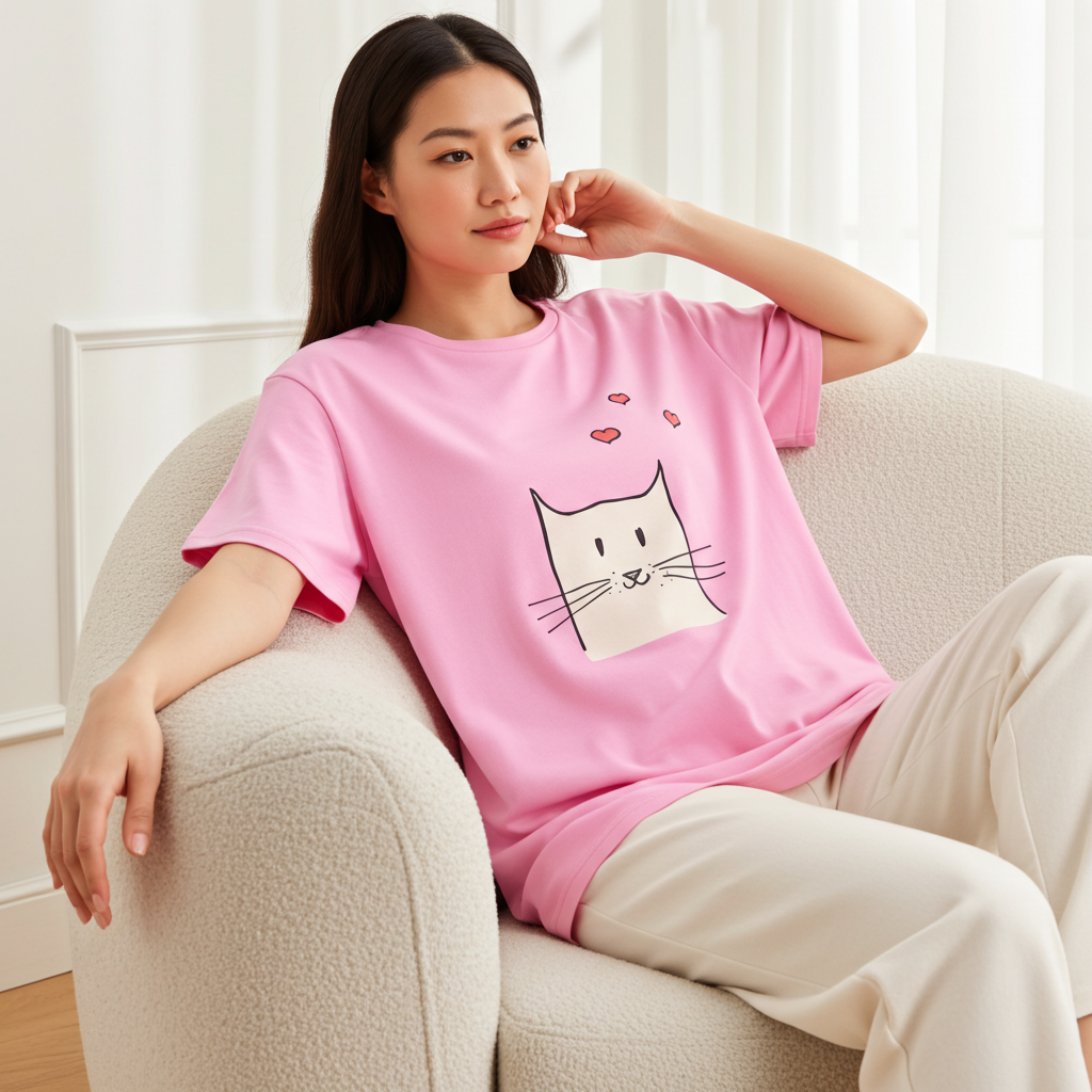 Woman wearing a pink t-shirt with a cat graphic sitting on a beige armchair.